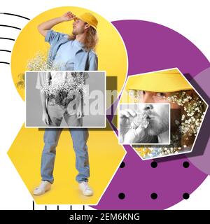 Collage creativo di giovane uomo elegante con fiori a colori sfondo Foto Stock