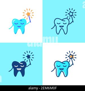 Icona del dente sorridente in stile piatto e lineare. Concetto di cura dei denti per bambini. Simbolo di igiene orale pediatrico. Illustrazione del vettore stomatologico. Illustrazione Vettoriale