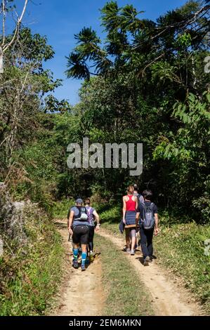 Gli escursionisti camminano sul sentiero sterrato di Trilha das Cachoeiras (sentiero escursionistico delle cascate) in prima mattina all'interno del parco della tenuta Serra do Mar, nucleo Cunha. Foto Stock