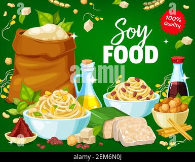 Prodotti alimentari di soia e piatti di soia, poster vettoriale. Alimentazione biologica vegetariana e biovegana alimenti di soia, tofu pelle tempeh, latte di soia, salsa Illustrazione Vettoriale