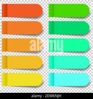Set di adesivi multicolore e segnalibri arrotondati isolati su uno sfondo trasparente. Separare i pezzi di nastro piatto illustrazione realistica Illustrazione Vettoriale