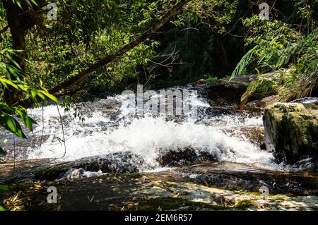 Corrente d'acqua cristallina che scorre intorno alle formazioni rocciose della cascata di Ipiranguinha, una delle attrazioni turistiche della foresta di Serra do Mar. Foto Stock