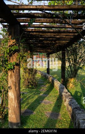 Un percorso curvo e stretto sotto una struttura in legno per piante superriduttore vicino al centro visitatori e un parco giochi della tenuta Serra do Mar nel tardo pomeriggio. Foto Stock