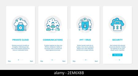 Protezione della comunicazione sulla privacy di Internet, illustrazione vettoriale della tecnologia antivirus di sicurezza. UX, UI onboarding mobile app page set con simboli di connessione line cloud, Secure cyber web shield Illustrazione Vettoriale
