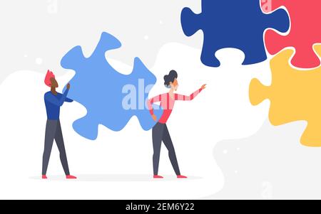 Illustrazione vettoriale del lavoro di squadra per le sfide aziendali. Cartone animato due personaggi di uomini d'affari che tengono insieme un pezzo di puzzle grande jigsaw, processo di costruzione di efficienza del business realizzazione sfondo Illustrazione Vettoriale