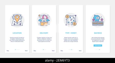 Servizio di shopping, tecnologia di consegna rapida express per risparmiare denaro illustrazione vettoriale. UX, UI onboarding mobile app page set con posizione della linea per corriere di consegna, risparmio, simboli Moneybox Illustrazione Vettoriale