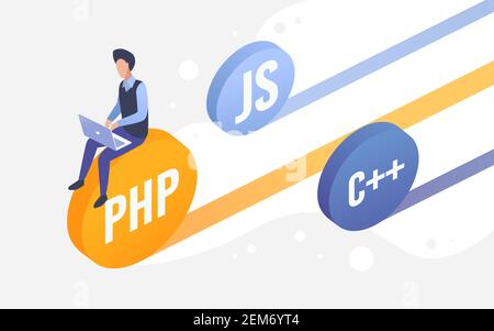 Sviluppo di codice, web engineering illustrazione vettoriale isometrica. Cartoon 3d programmatore codificatore sviluppatore personaggio seduta su linguaggi di programmazione codice monete, lavorando con sfondo laptop Illustrazione Vettoriale