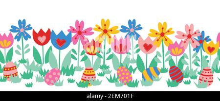 Uova pasquali senza cuciture con bordo vettoriale. Carino mano disegnato uovo di Pasqua modello ripetitivo tra i fiori. Floreale orizzontale Pasqua bordo carino. Per il saluto Illustrazione Vettoriale