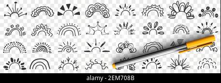 Disegni arcobaleno e raggi doodle set disegni. Collezione di eleganti motivi decorativi disegnati a mano di arcobaleni con raggi in diverse forme isolati su sfondo trasparente Illustrazione Vettoriale