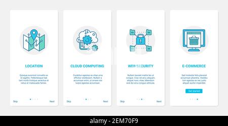 Sito web ecommerce sicuro internet service vettore illustrazione. UX, UI onboarding mobile app page set con posizione della linea, tecnologia di cloud computing, sicurezza e commercio sicuro in simboli web Illustrazione Vettoriale