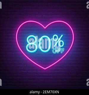 80% di sconto sul segnale al neon in una cornice a forma di cuore. Sconto di San Valentino illuminazione design . Illustrazione Vettoriale