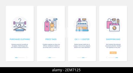 Illustrazione vettoriale dei simboli di successo della vendita al dettaglio. UX, UI onboarding mobile app page set con linea shopping borsa, abbigliamento moderno in negozio o negozio, registratore di cassa per pagare per l'acquisto, prezzo tag Illustrazione Vettoriale