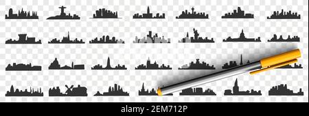 Silhouette del set di doodle della città. Collezione di profili scuri disegnati a mano di edifici e paesaggi di città e città urbano paesaggio isolato su sfondo trasparente Illustrazione Vettoriale