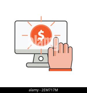 fare clic con il dito sull'icona computer con denaro. illustrazione finanziaria mobile. Icona vettoriale piatta. Può essere utilizzata per, elemento di progettazione icone, interfaccia utente, Web, app mobile. Foto Stock