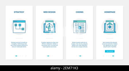 Web design strategia ottimizzazione tecnologia internet illustrazione vettoriale. UX, UI onboarding mobile app page set con line homepage software programmazione codifica, sito web sviluppo di contenuti Illustrazione Vettoriale