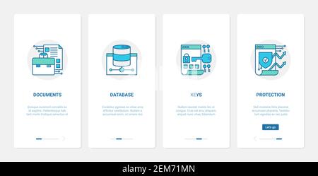 Ottimizzazione della protezione dei dati illustrazione vettoriale della tecnologia Internet. UX, UI onboarding mobile app page set con software di linea o servizio protegge i file di documenti nei simboli di archiviazione del database Illustrazione Vettoriale