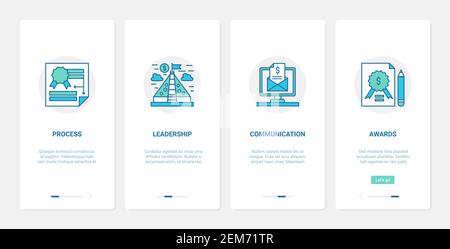 Illustrazione vettoriale del processo di comunicazione del team di dipendenti, leader e startup aziendale. UX, UI onboarding mobile app page set con inizio linea di partenza di nuovo progetto di business, leadership Illustrazione Vettoriale
