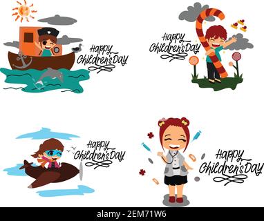 Bambini che giocano con gesti, pose e situazioni diverse. Buon giorno per i bambini Illustrazione Vettoriale