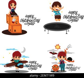 Bambini che giocano con gesti, pose e situazioni diverse. Buon giorno per i bambini Illustrazione Vettoriale