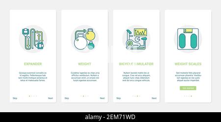 Illustrazione vettoriale dell'attrezzatura sportiva. UX, UI onboarding mobile app page set con pesi di linea per l'allenamento di forza sportiva in palestra, espansore per l'esercizio fitness, simulatore di bicicletta, simboli di bilancia Illustrazione Vettoriale