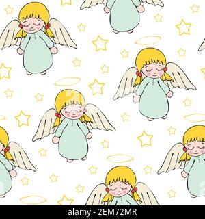 Pattern vettoriale senza giunture con angeli e stelle su sfondo bianco. Carino bambino ragazza carta da parati design. Illustrazione Vettoriale