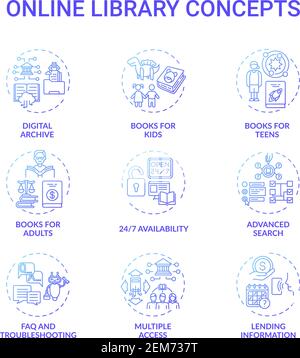 Set di icone oncept della libreria online Illustrazione Vettoriale
