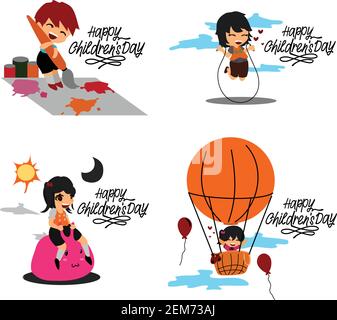 Bambini che giocano con gesti, pose e situazioni diverse. Buon giorno per i bambini Illustrazione Vettoriale