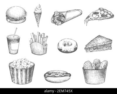 Impostare fast food disegnato a mano isolato su uno sfondo bianco. Illustrazione vettoriale vintage schizzo pizza, gelato, soda, hamburger, hotdog, popcorn, nocciolo Illustrazione Vettoriale