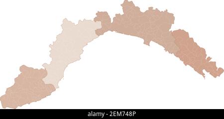 Mappa Liguria, divisione per province e comuni. Poligoni chiusi e perfettamente modificabili, riempimento poligono e tracciati di colore modificabili a volontà. Livelli. Illustrazione Vettoriale
