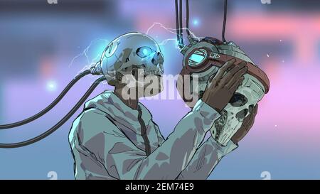 uomo cranio che indossa il futuristico visore per la realtà virtuale, illustrazione vettoriale Illustrazione Vettoriale