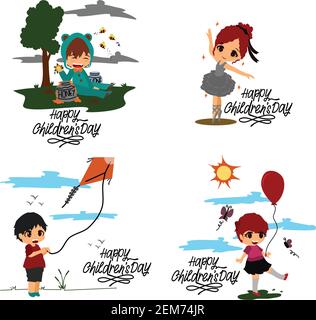 Bambini che giocano con gesti, pose e situazioni diverse. Buon giorno per i bambini Illustrazione Vettoriale