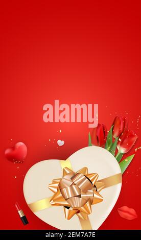 Happy Womens Day Holiday Congratulazione sfondo con tulipani rossi e cuore Box e confetti. Illustrazione vettoriale EPS10 Illustrazione Vettoriale