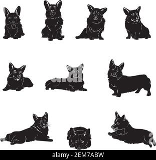 Cane, corgi, pose varie, movimenti e angoli di figure, nero, silhouette, set, vettore, illustrazione Illustrazione Vettoriale