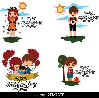 Bambini che giocano con gesti, pose e situazioni diverse. Buon giorno per i bambini Illustrazione Vettoriale