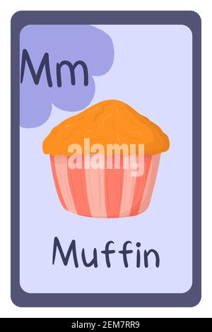 Scheda flash colorata abc Education, lettera M - muffin. Illustrazione vettoriale alfabetica con cibo, frutta e verdura. Scuola, studio, apprendimento. Illustrazione Vettoriale