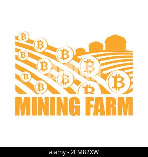 Logo mining Farm. I minatori firmano il bitcoin. Terreni coltivabili e terreni agricoli la criptovaluta sta crescendo Illustrazione Vettoriale