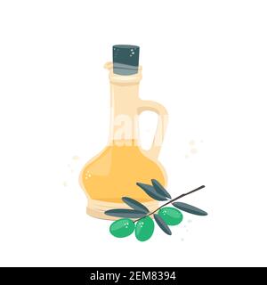 Illustrazione vettoriale. Olio d'oliva in una caraffa e un ciuffo d'oliva. Icona piatta isolata. Illustrazione Vettoriale