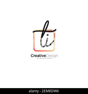 TI Initial Letter Handwriting logo disegnata a mano casella colorata vettore, logo per la bellezza, cosmetici, matrimoni, moda e business, e altro Illustrazione Vettoriale