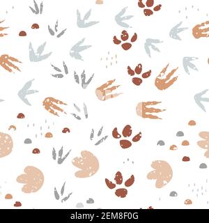 I piedi dei dinosauri sono un motivo senza cuciture. Sfondo con piedi dinosauri tracce passi. Percorso degli animali Jurassic. Illustrazione vettoriale Illustrazione Vettoriale