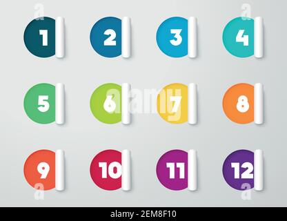 Cerchio Note di ritaglio carta con numeri per Calendario 1 a 12 Illustrazione Vettoriale