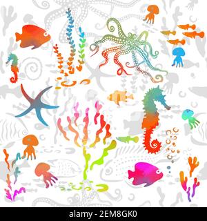 Animali marini senza cuciture. Supporti misti. Sfondo multicolore. Illustrazione vettoriale Illustrazione Vettoriale