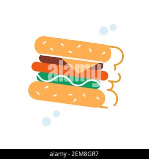 Gustosa icona con logo hamburger fresco con vettore d'ombra contorno Illustrazione Vettoriale