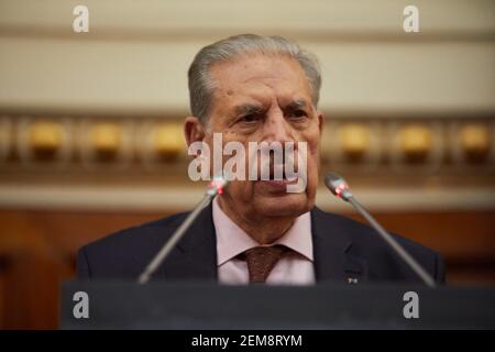 Salah Goudjil Speaks è eletto Presidente del Consiglio della Nazione presso il palazzo del parlamento ad Algeri, Algeria, il 24 febbraio 2021. Salah Goudjil è stato eletto presidente del Consiglio della nazione con 126 voti su 127 deputati, in quanto presiede il consiglio come vicepresidente dall'aprile 2019. Foto di Louiza Ammi/ABACAPRESS.COM Foto Stock