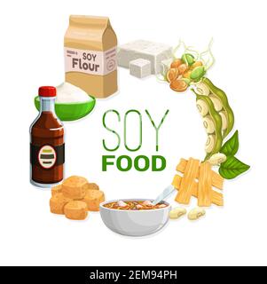 Prodotti alimentari di soia e cibo vegetariano di soia, pasti vettoriali. Alimenti organici di soia vegan, tempeh di pelle di tofu, latte di soia, farina e burro, Asia Illustrazione Vettoriale