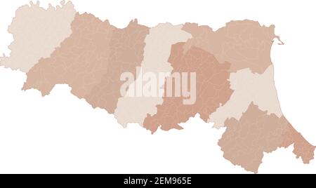 Mappa Emilia-Romagna, divisione per province e comuni. Poligoni chiusi e perfettamente modificabili, riempimento poligono e tracciati di colore modificabili a volontà Illustrazione Vettoriale