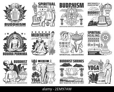 Icone vettoriali buddismo, centro yoga e corsi di meditazione segni. Buddha stupa santuari, simboli religiosi di mudra mano, loto e perle monaco, Tibet Bu Illustrazione Vettoriale
