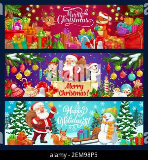Santa, pupazzo di neve, renna ed elfo con albero di Natale e banner vettoriali regalo. Claus con campana di Natale, borsa di regali e caramelle, slitta da neve, palle e Illustrazione Vettoriale