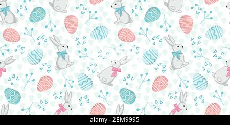 Disegno senza cuciture con conigli in stile cartoon, art. Linea sfondo per la progettazione della copertina, confezionamento del prodotto, banner pubblicitario, cartolina, p Illustrazione Vettoriale