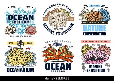 Oceanarium, acquario sottomarino e mostra di pesci tropicali, icone vettoriali. Oceano mondo sottomarino e fauna marina, barriera corallina e animali conservati Illustrazione Vettoriale