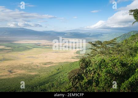 Vista panoramica della zona di conservazione di Ngorongoro in una giornata limpida dalla montagna. Tanzania, Africa. Foto Stock